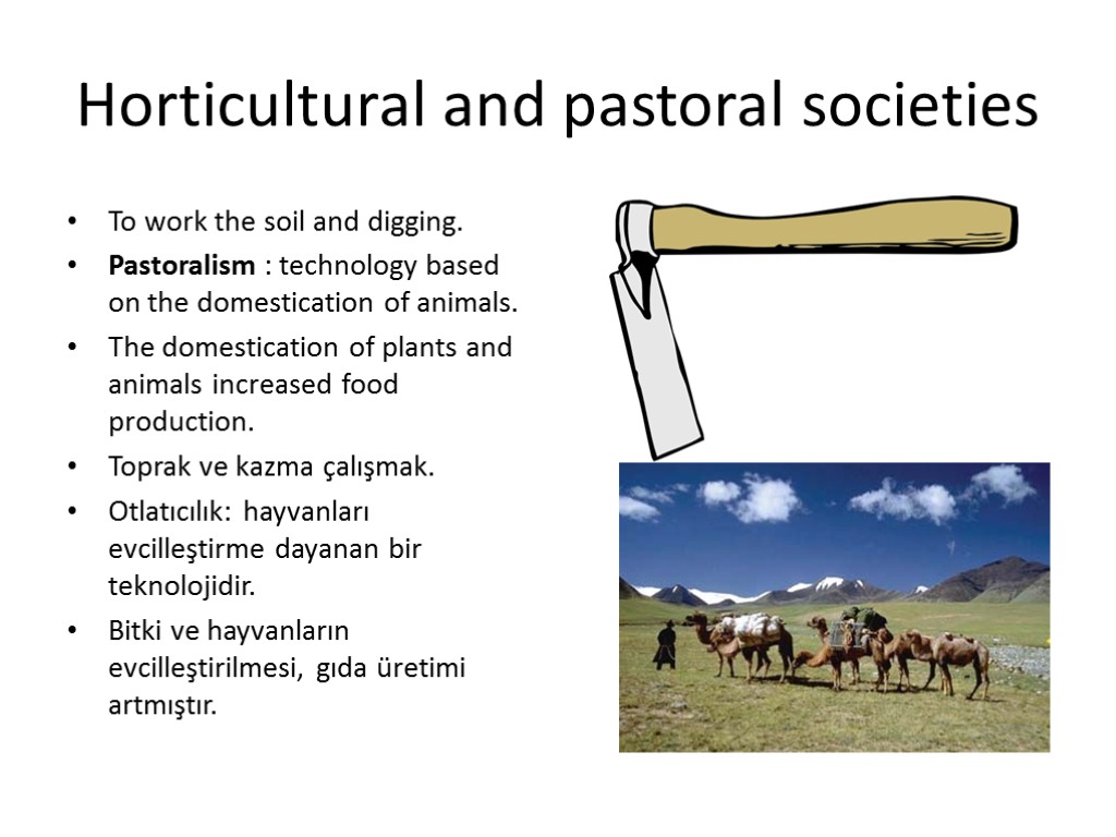 Horticultural and pastoral societies To work the soil and digging. Pastoralism : technology based